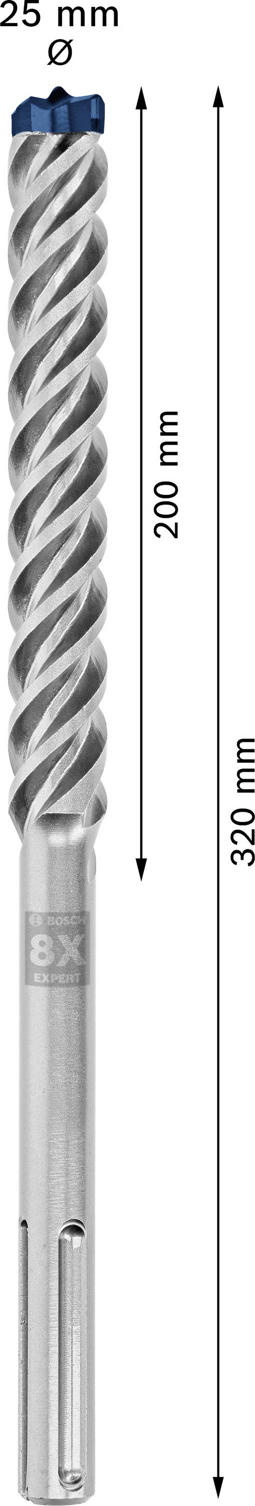 Vrták s priemerom 25 mm, dĺžka reznej časti 200 mm, celková dĺžka 320 mm. Striebornej farby, s modrou špičkou.