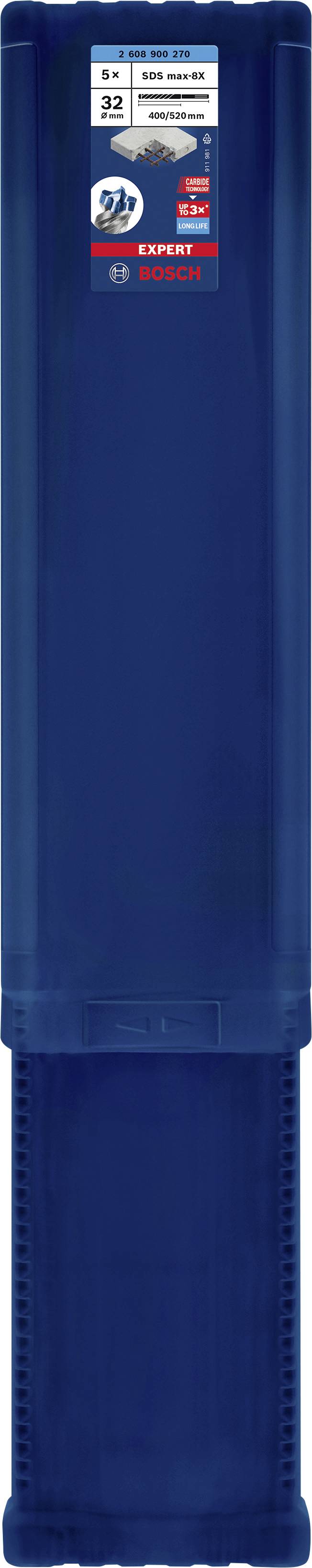 Modrý plastový kontajner s etiketou s nápisom 'Bosch' a kompatibilnými produktmi. Obsahuje vrtacie alebo rezacie nástroje.