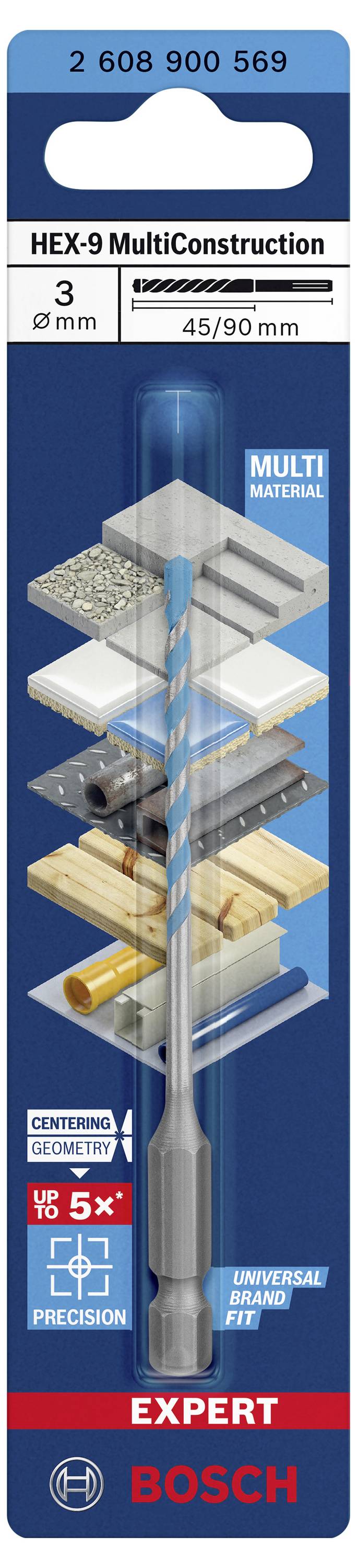 Vrták pre 'Multi Materiál', so symbolmi pre betón, dlaždice, kov, drevo, tehly. Označenie: 'HEX-9 MultiConstruction, 3 mm, 45/90 mm'.