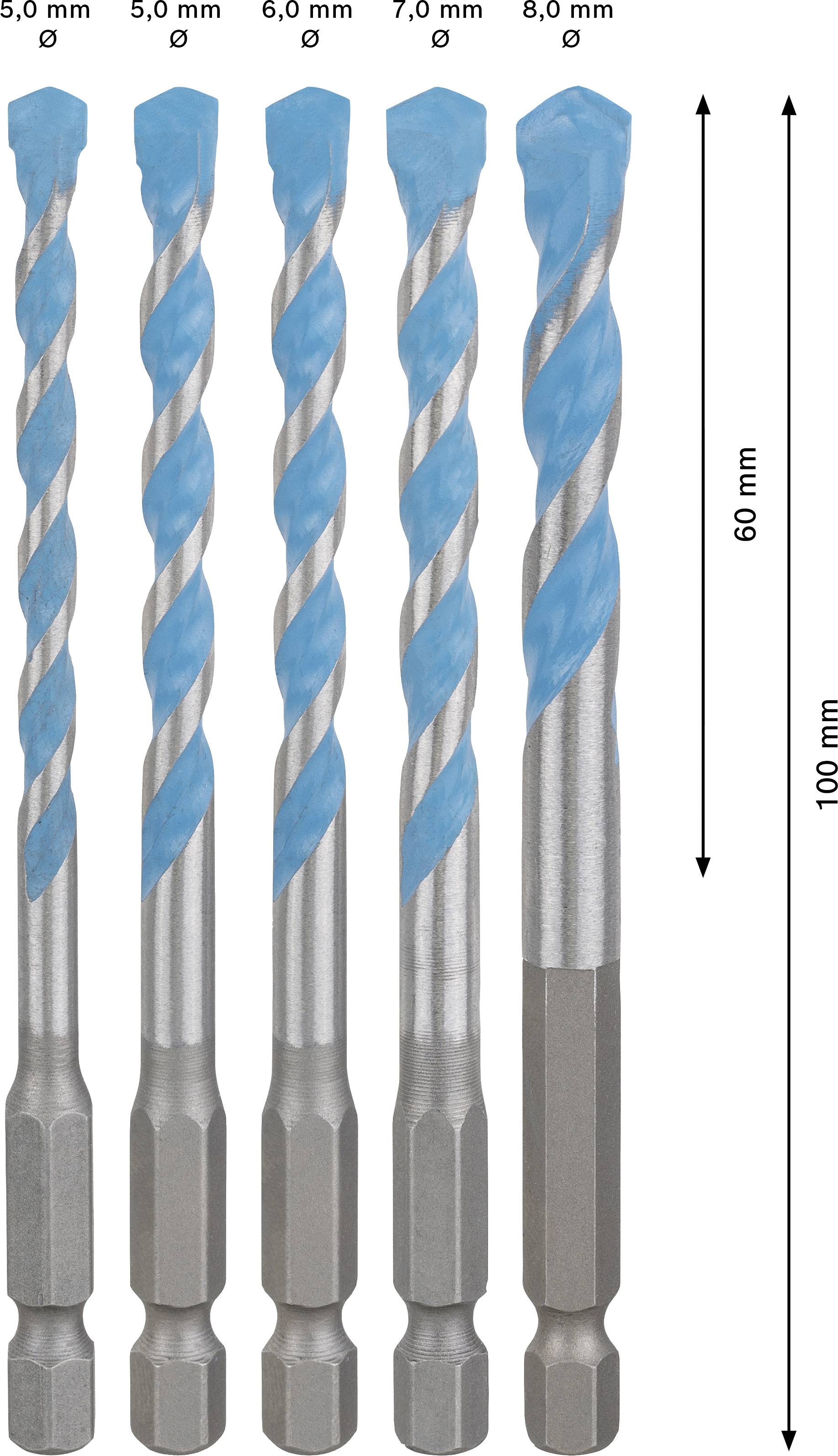 Päť vrtákov v rôznych priemerov od 5,0 mm do 8,0 mm, všetky dlhé 100 mm. Jsou opatrené modrými označeniami.