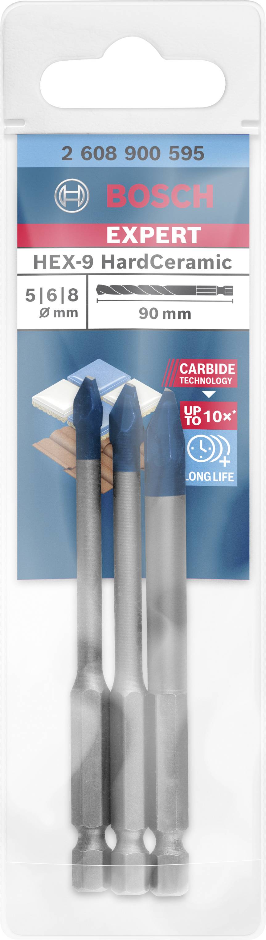 Balenie obsahuje tri vrtáky Bosch Expert HEX-9 HardCeramic, vhodné na obkladačky. Veľkosť: 5, 6, 8 mm; dĺžka: 90 mm. Mimoriadne trvanlivé.
