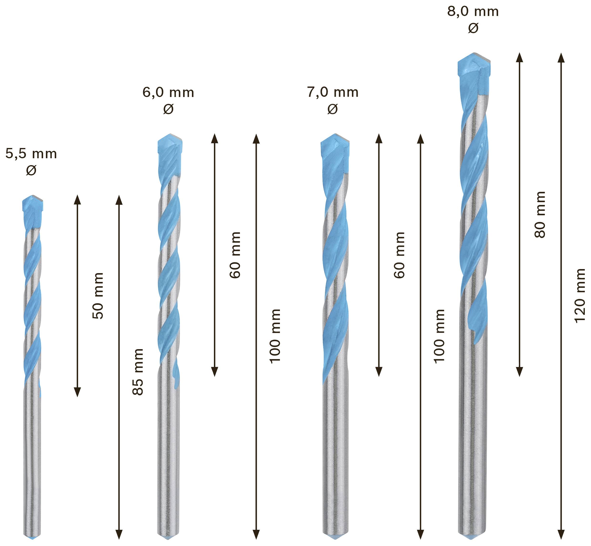 Päť vrtákov s priemermi od 5,5 mm do 8,0 mm a dĺžkami od 50 mm do 120 mm. Veľkosti a dĺžky sú označené.