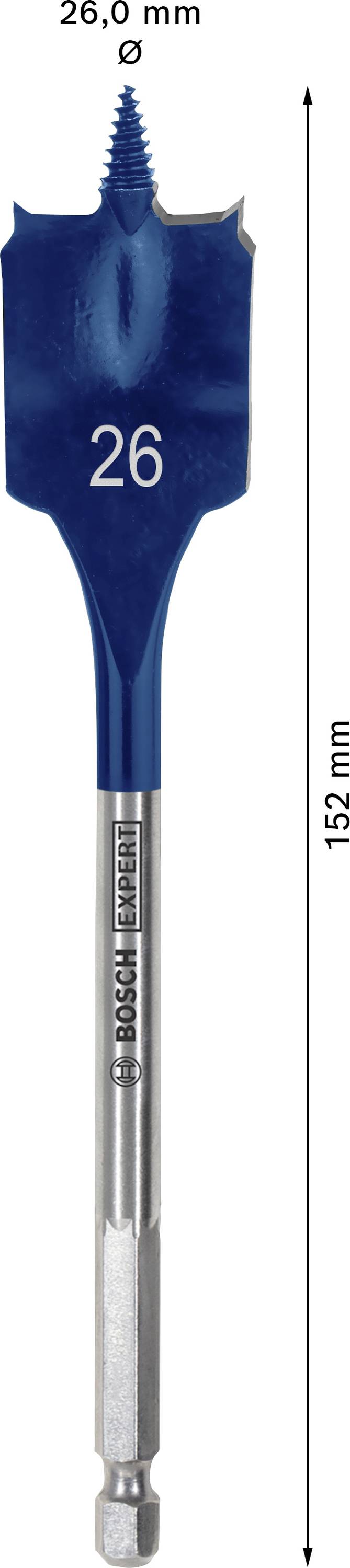 Modrý 26 mm plochý frézovací vrták od Bosch s celkovou dĺžkou 152 mm na prácu s drevom.