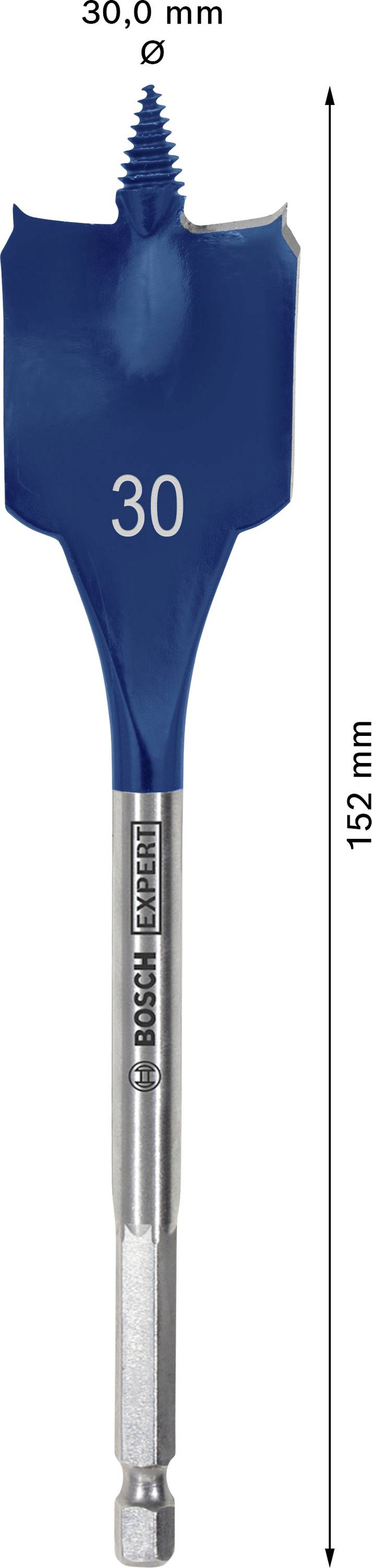 Plochý frézovací vrták s priemerom 30 mm a dĺžkou 152 mm. Modrá farba, označený '30'. Vhodný na práce s drevom.