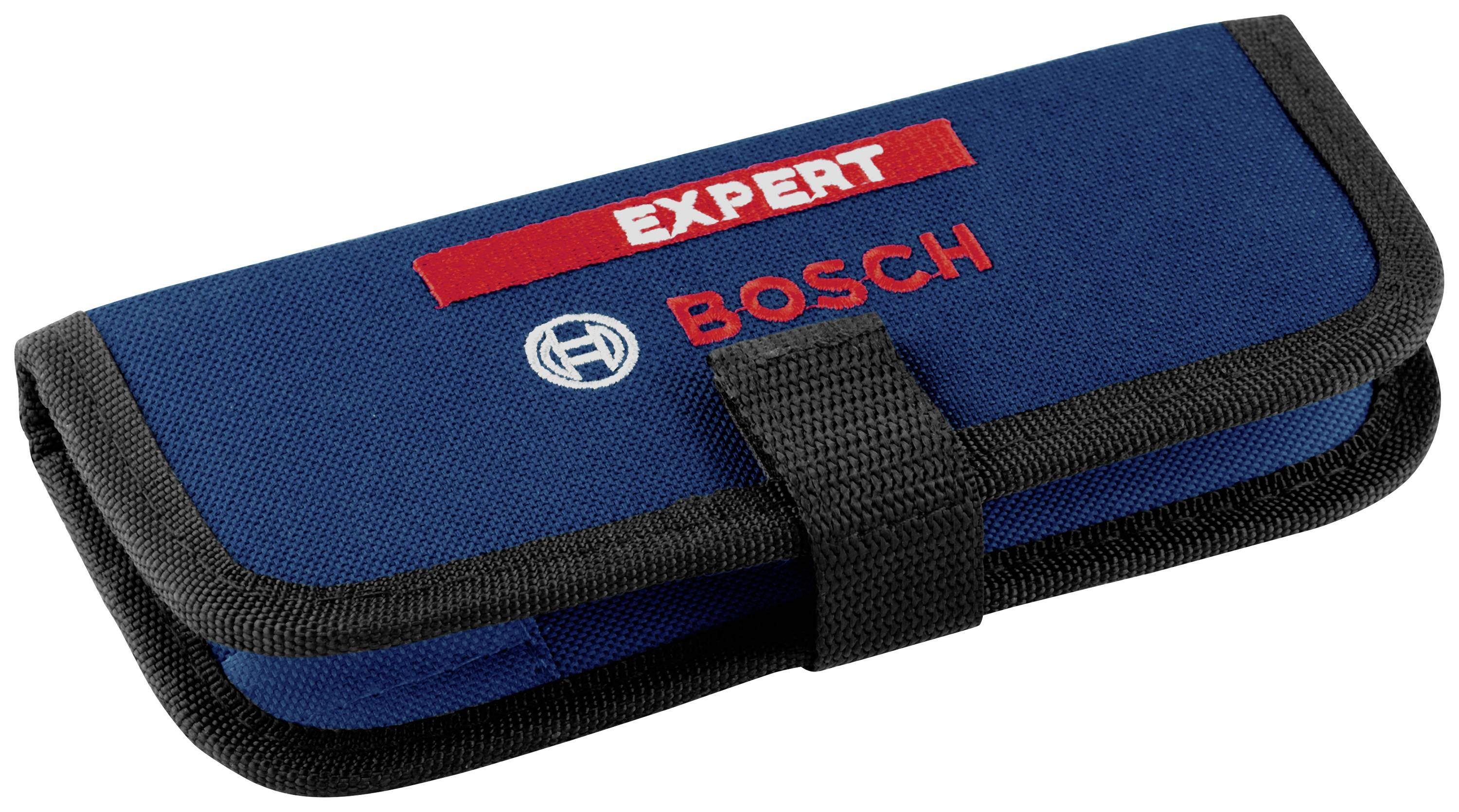 Modré púzdro s čiernym lemom a suchým zipsom, na ktorom je červeným písmom napísané slovo 'EXPERT' a vedľa loga Bosch je tiež červeným písmom napísané 'BOSCH'.