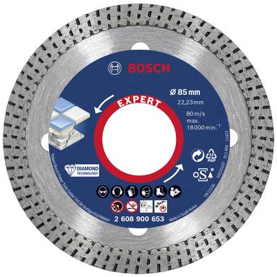 Kotúč na rezanie dlaždíc, 'Bosch Expert', priemer 85 mm, so symbolmi bezpečnostných opatrení a technologických detailov.