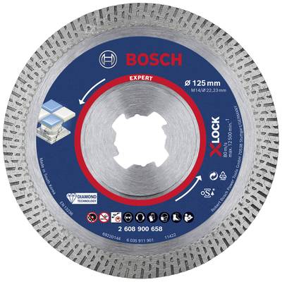 Diamantový kotúč Bosch, Expert X-LOCK, 125 mm, vhodný na rezanie betónu a kameňa, s trojuholníkovými segmentmi.