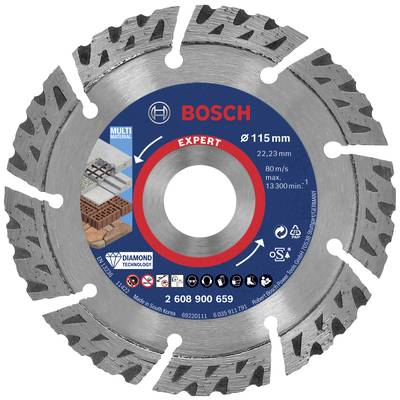 Diamantový rezný kotúč Bosch 'EXPERT' pre viacmateriálové použitie, Ø115 mm, otvor 22,23 mm, vhodný pre betón a tehly.