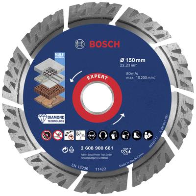 Diamantový kotúč značky Bosch, vhodný pre rôzne materiály ako betón a tehly, priemer 150 mm, rýchlosť 80 m/s.