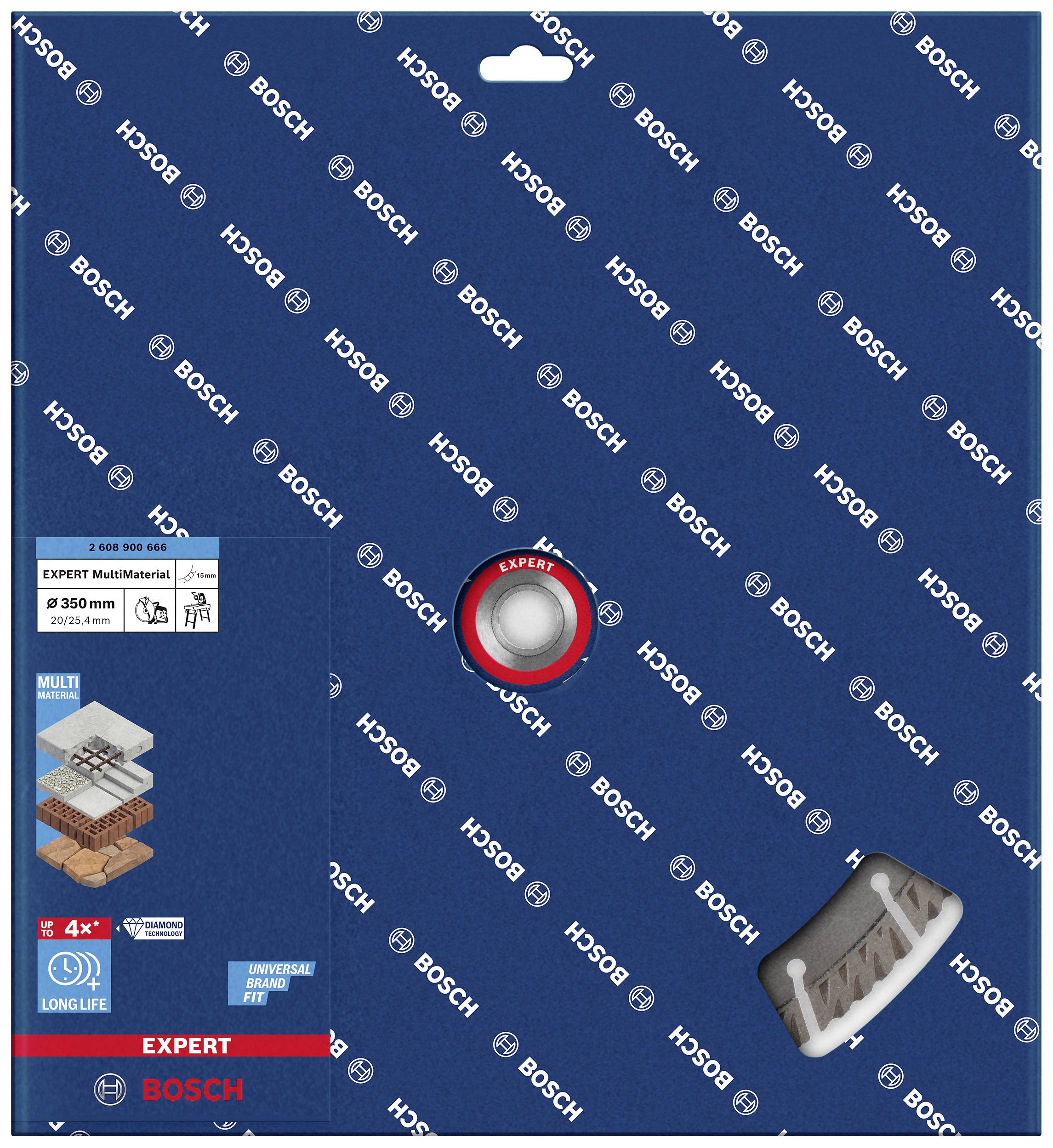 Expert Multisaw pílový list Bosch pre 350 mm. Zobrazený s dizajnom obalu, ktorý zvýrazňuje použitie pre drevo, kov a dlaždice.