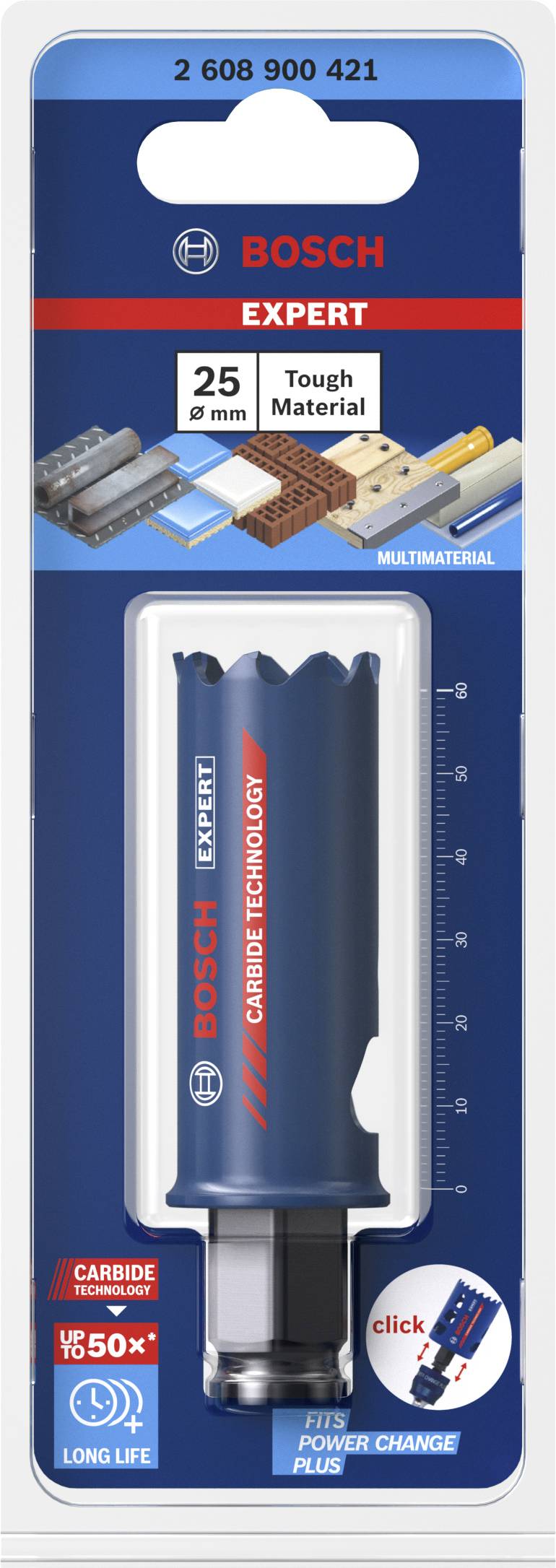 Nástavec vrtáka od Bosch, priemer 25 mm, vhodný pre tvrdé materiály. Obal zobrazuje obrázok produktu a informácie o jeho trvanlivosti.