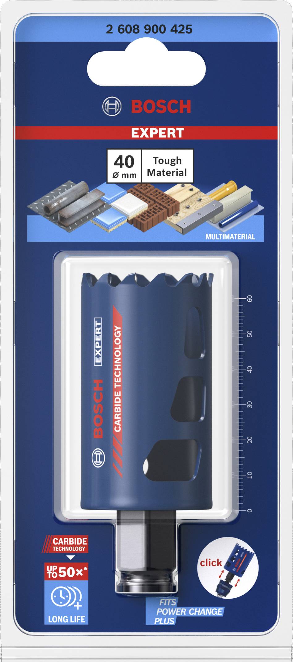 Vrtacia korunka 'Bosch Expert' s priemerom 40 mm a systémom 'Power Change Plus', vhodná pre tvrdé materiály ako kov, drevo a plasty.
