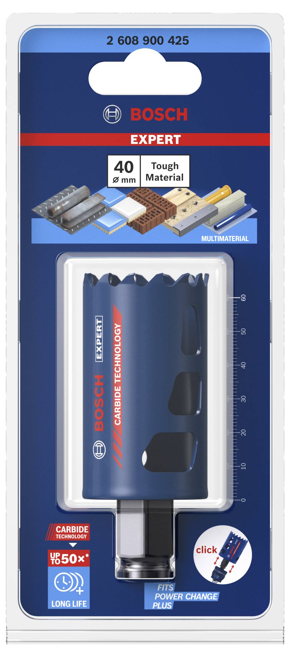 'Bosch Expert dierovacia píla, vhodná pre tvrdé materiály, priemer 40 mm, technológia karbidu pre dlhšiu životnosť.'
