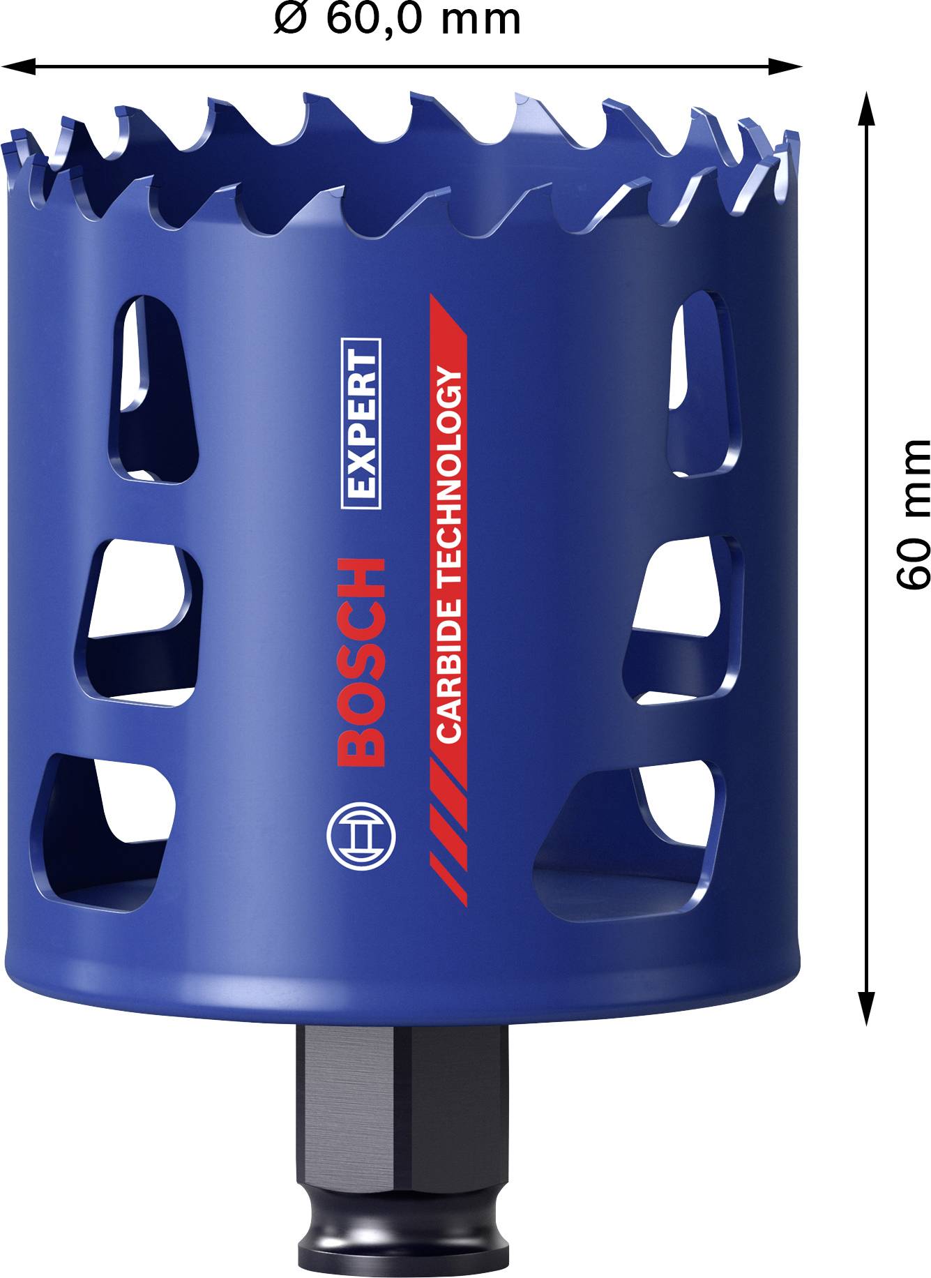 'Bosch Expert' dierová píla, 60 mm priemer, 60 mm výška, modrá farba, s nápisom 'Carbide Technology'.