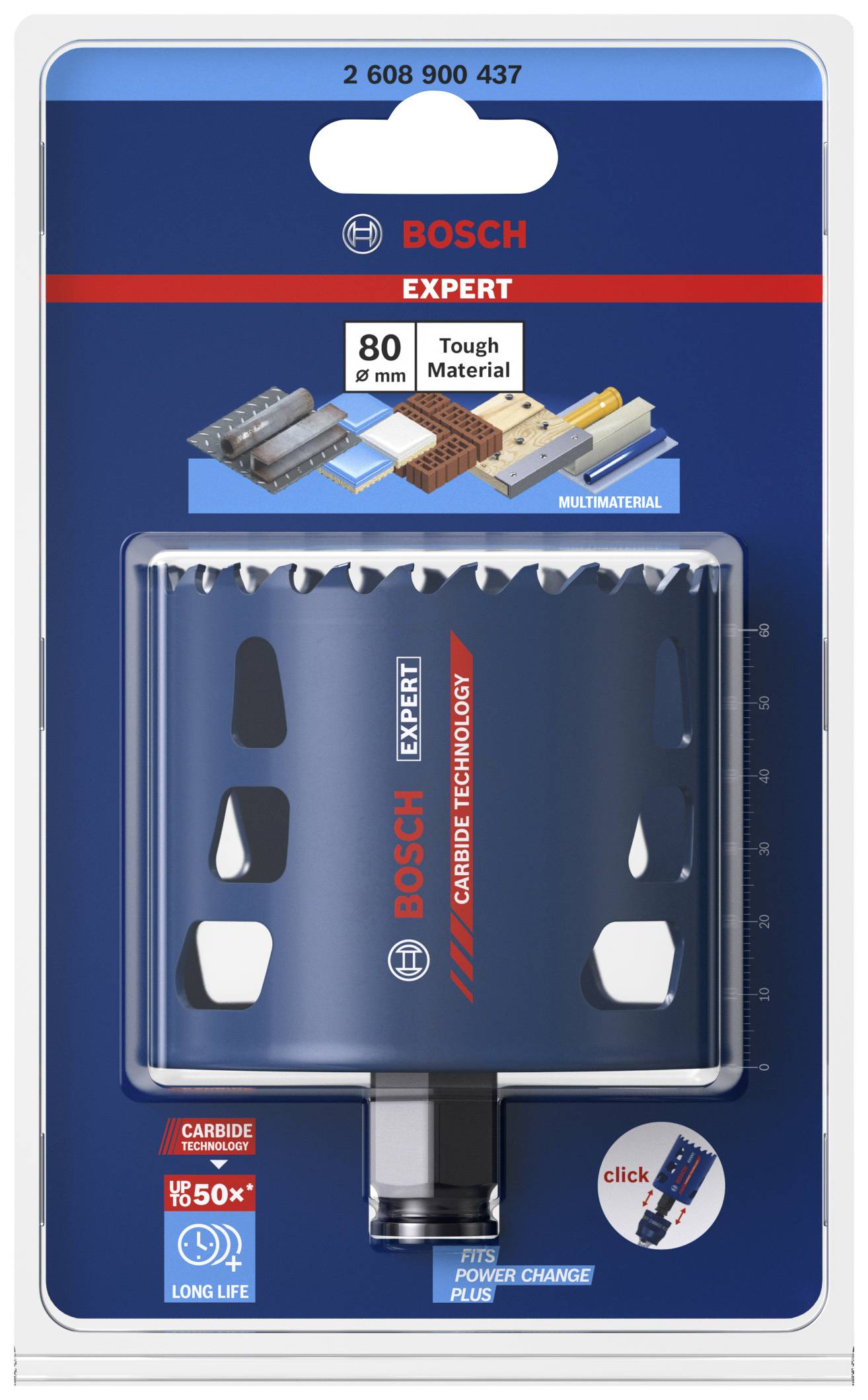'BOSCH EXPERT' dierová píla na tvrdé materiály, priemer 80 mm. Obal zobrazuje použitie ako betón a keramika.