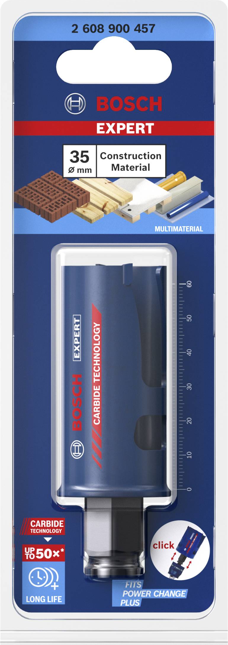 'Bosch Expert dierová píla na stavebné materiály, priemer 35 mm, dlhá životnosť vďaka technológii karbidu, balenie zobrazuje produkt a príklady použitia.'
