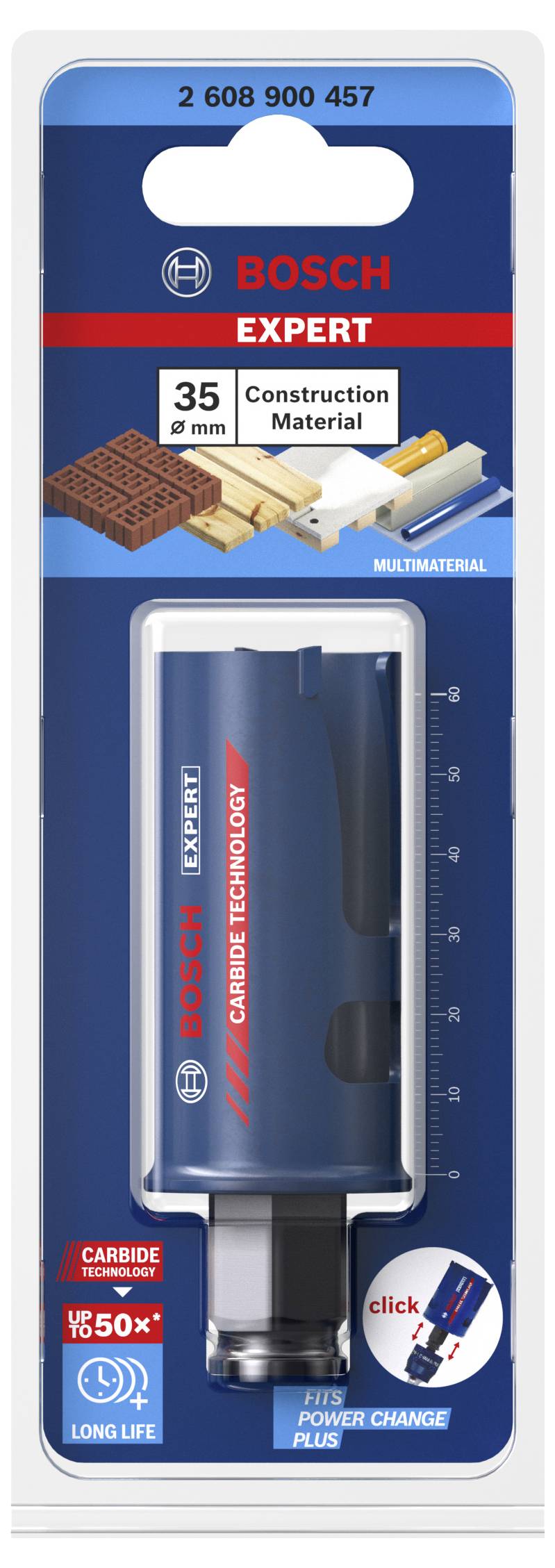 Balenie nadstavca na vŕtaciu pílu Bosch Expert pre viacmateriálové použitie, priemer 35 mm. Obsahuje informácie o životnosti a materiáloch na rezanie.