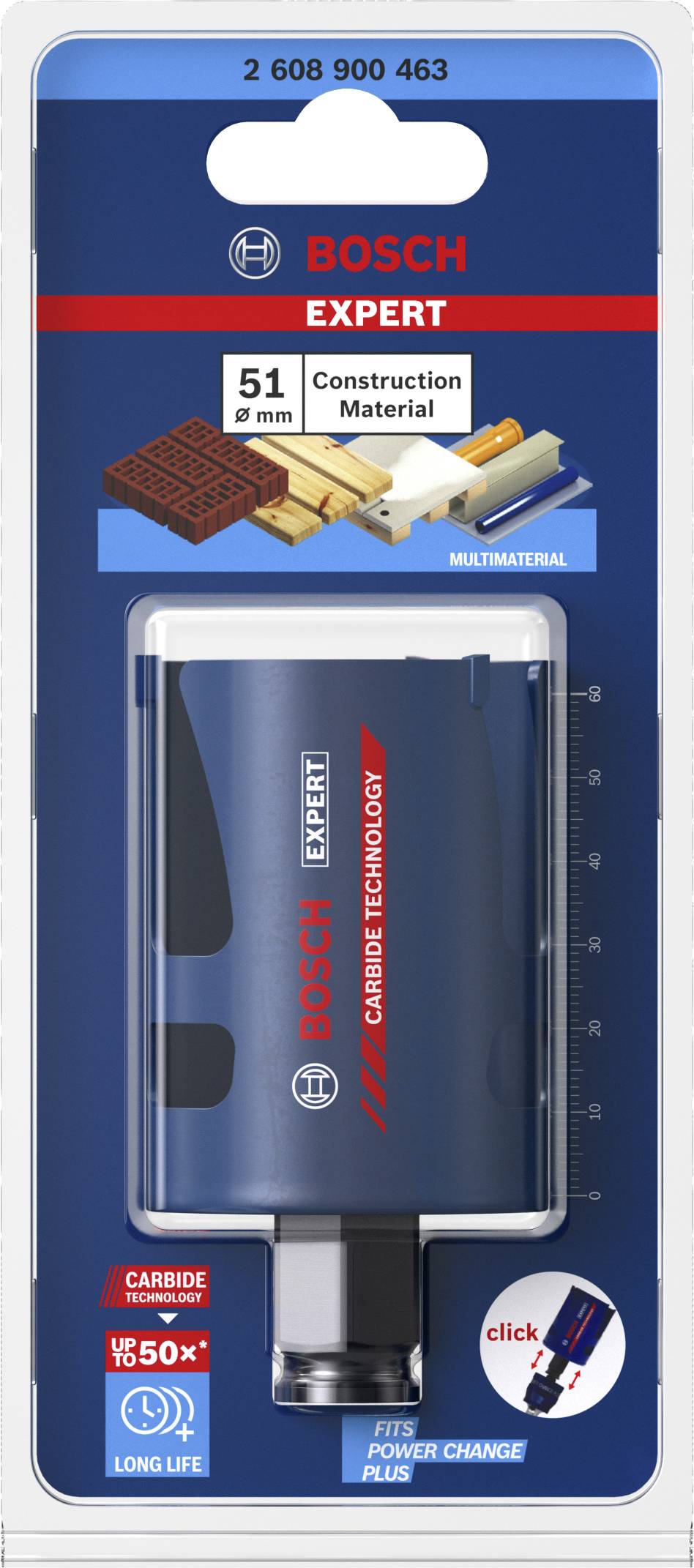Obal pílky 'Bosch Expert' zobrazuje 51 mm pílový list pre stavebné materiály, s karbidovou technológiou a systémom 'Power Change Plus'.