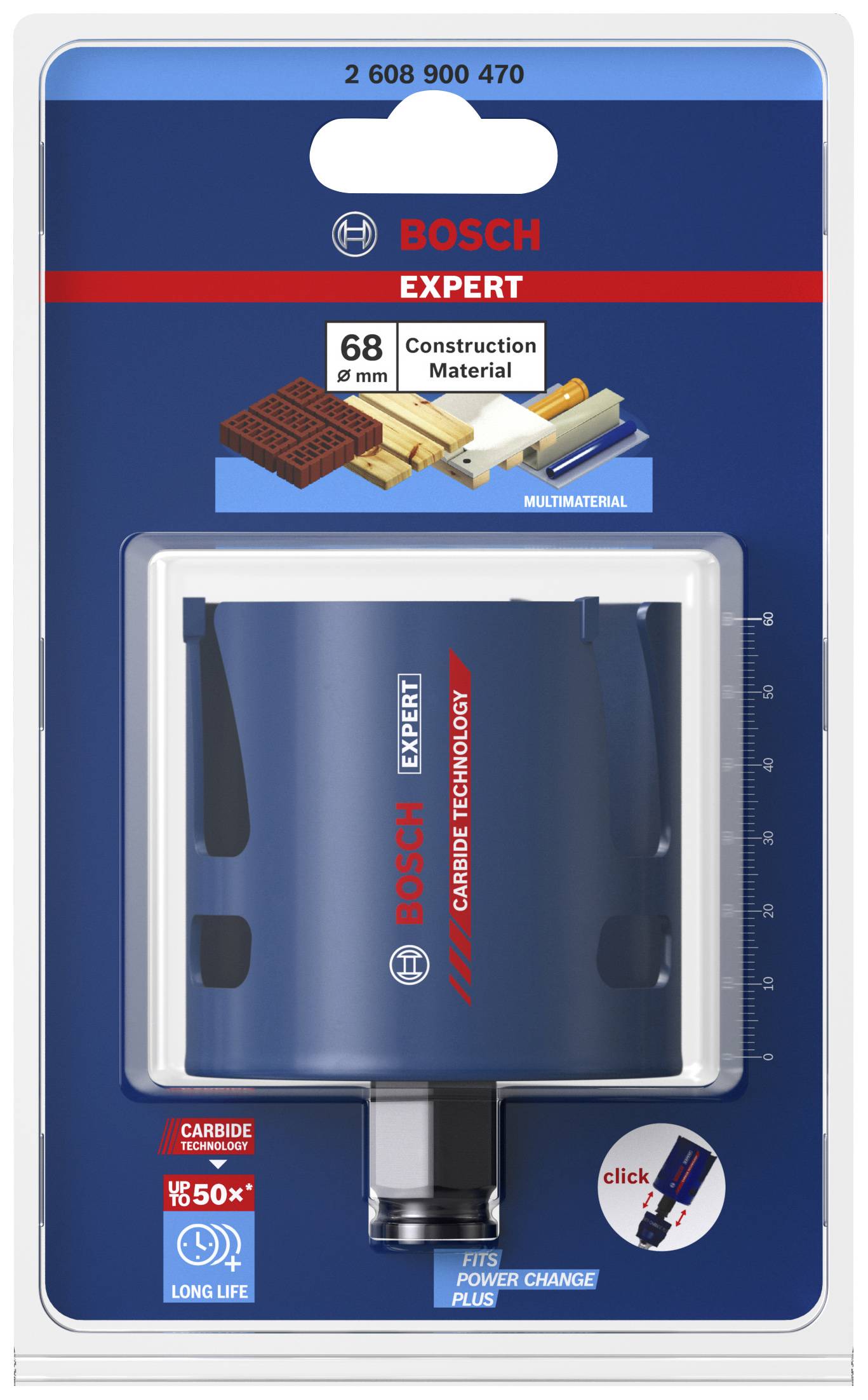 Balenie BOSCH Expert vŕtacej píly na stavebné materiály, priemer 68 mm, s technológiou karbidu a systémom Power-Change.