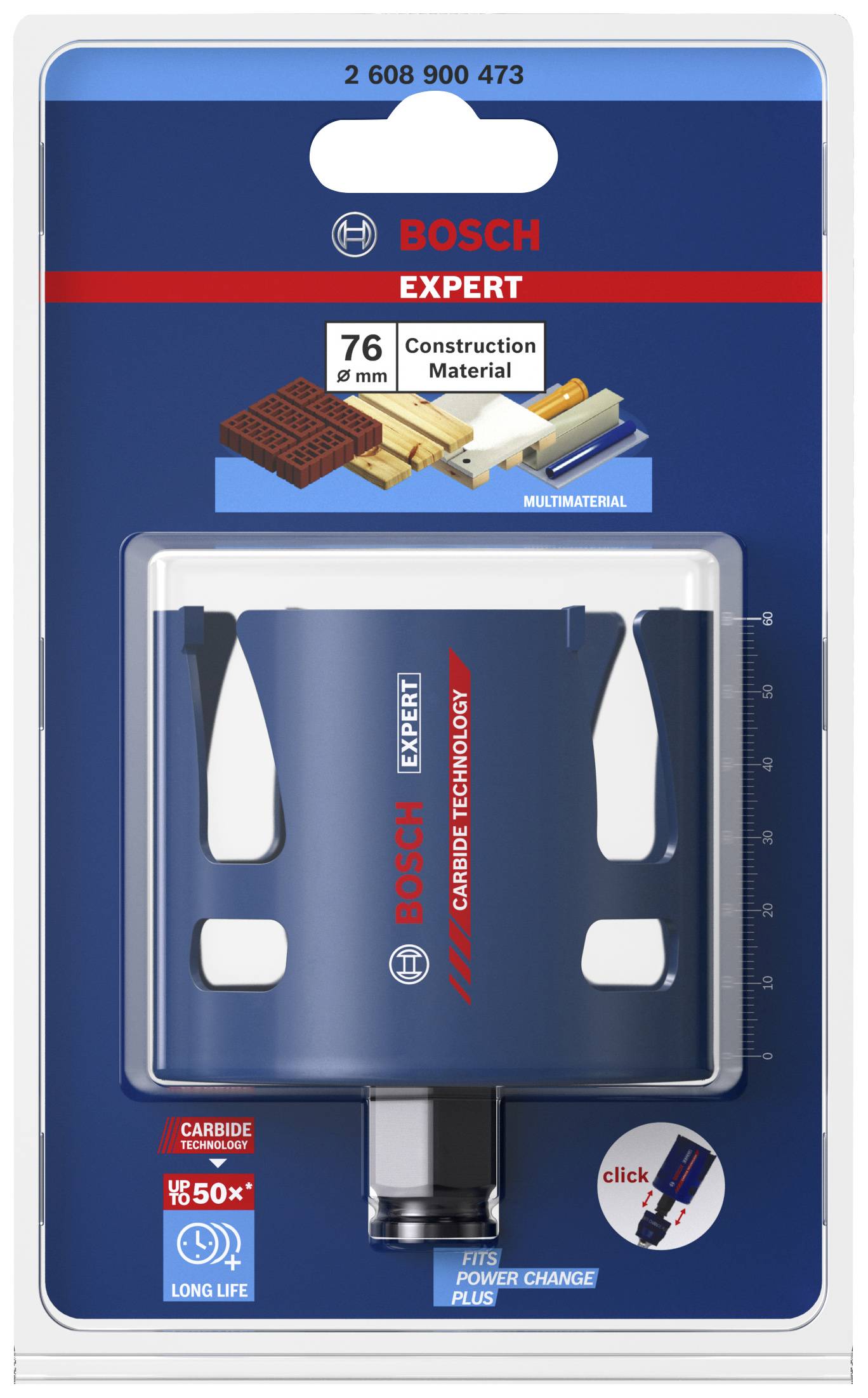 Sada vrtákov Bosch Expert, vhodná pre stavebné a viacúčelové materiály, dierová píla s priemerom 76 mm. Obsahuje adaptér Power Change Plus.