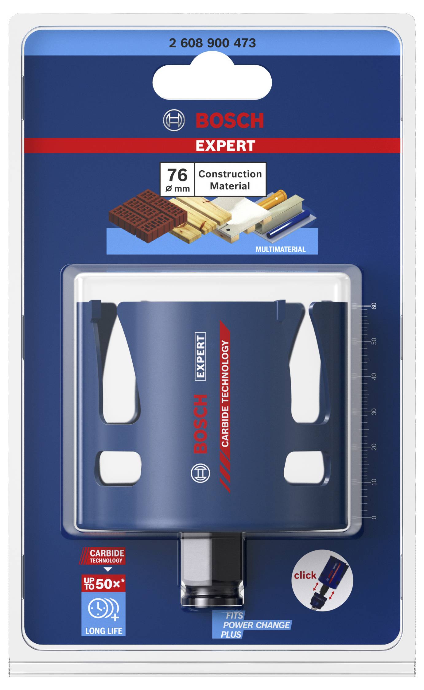 'Bosch Expert' pílový list, 76 mm, pre stavebné materiály, obal zobrazuje produkt a špecifikuje jeho všestranné použitie.