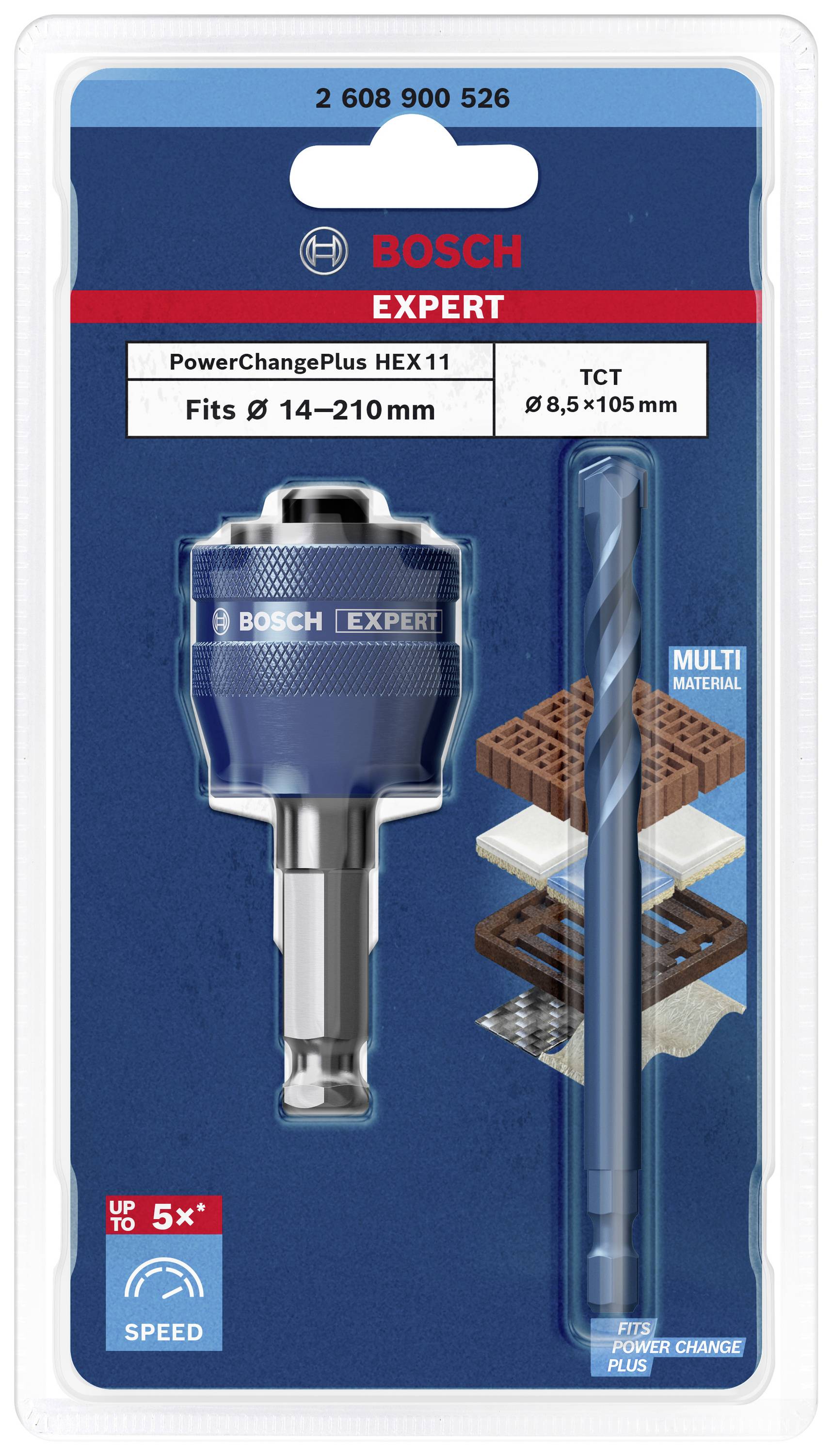Sada vrtákov Bosch s držiakom PowerChangePlus a vrtákmi s TZK (tvrdokovový). Vhodná pre veľkosti vrtov 14-210 mm. Balenie zobrazuje detaily a značku.