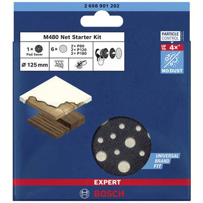 'Bosch M480 Net Štartovacia sada', Brúsna sieť na drevo, obsahuje 1 x Pad Saver, 6 sietí (2 x P80, 2 x P120, 2 x P180), Univerzálne použitie.