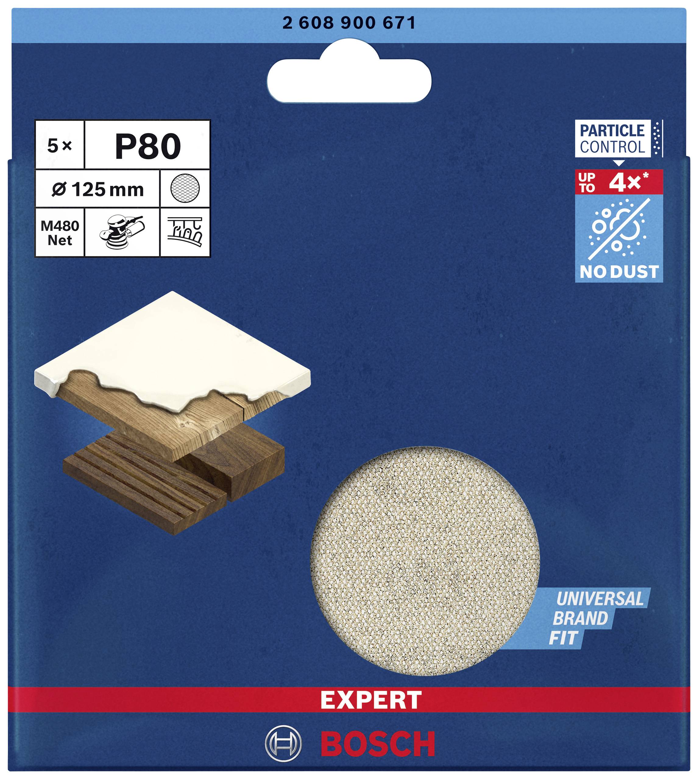 'Bosch Expert brúsny papier P80, 5 ks, 125 mm Ø, na drevo a lak, bez prachu, M480 Net, univerzálna kompatibilita značky.'