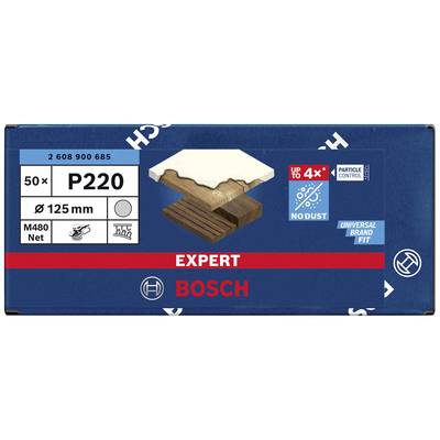 Balenie brúsneho papiera Bosch Expert P220, 50 kusov, ø 125 mm. Zvýraznené vlastnosti: 'Až 4x' kontrola častíc, 'Bez prachu'.