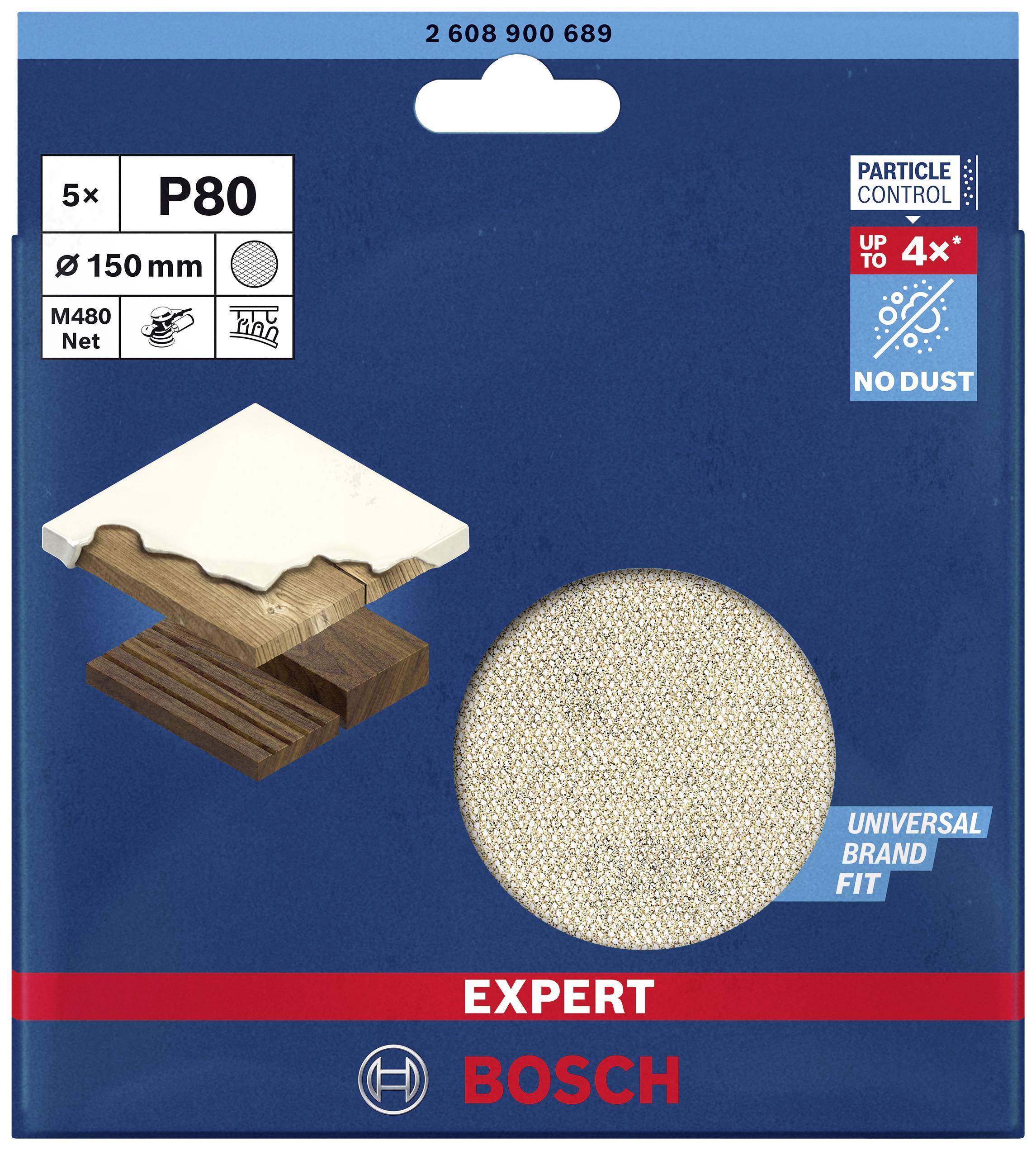 'Bosch brúsny kotúč Expert P80, 150 mm. Vhodný pre drevo a farbu. Balenie obsahuje 5 kusov, kontrola častíc až o 4x menej prachu.'