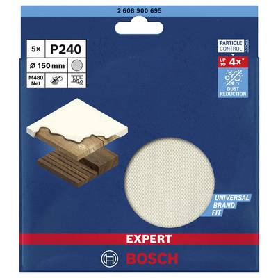 'Bosch Expert P240', brúsny papier, 150 mm, 5 kusov, vhodný pre drevo, farba: biela, znižuje prach až 4-násobne, univerzálny tvar.