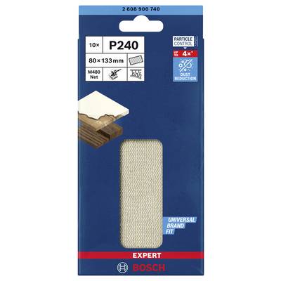 Brúsny papier Bosch P240, 80 x 133 mm, 10 ks; vhodný na drevené a lakované povrchy, znížená prašnosť, univerzálna veľkosť.