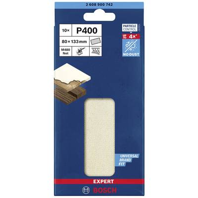 Brúsny papier Bosch, 80 x 133 mm, zrnitosť P400, vhodný na drevo a farbu, bezprašný, 10 kusov.