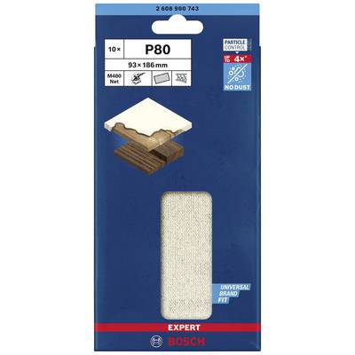 Balenie brúsneho papiera Bosch, zrnitosť P80, 93 x 186 mm. Obsahuje 10 kusov. Vhodný pre opracovanie dreva a kovu. S označením 'Universal Brand Fit'.