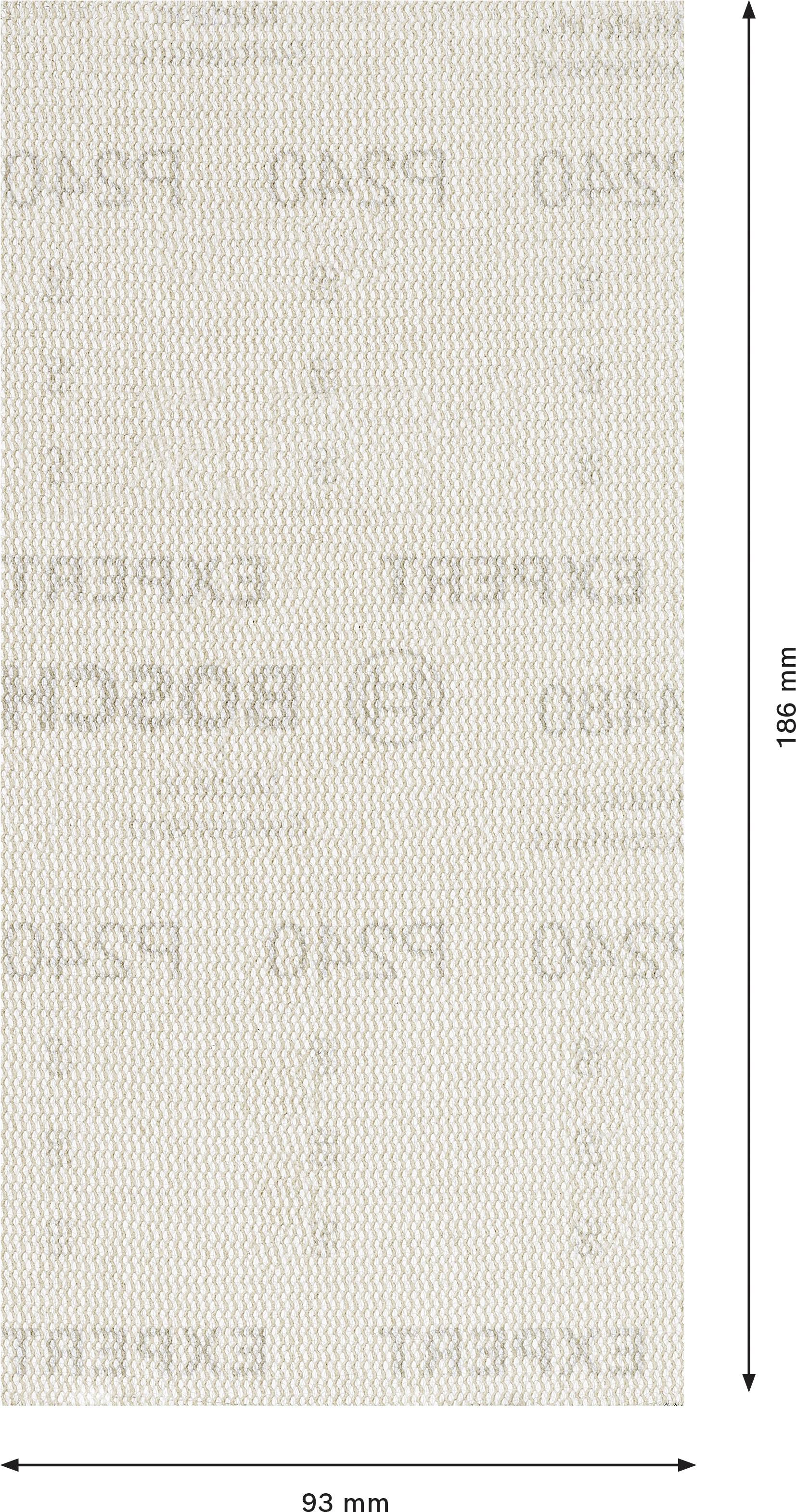 Brúsny papier s rozmermi 93 mm x 186 mm. Obsahuje tlačené nápisy ako 'EXPERT', 'BOSCH' a informácie o zrnitosti.
