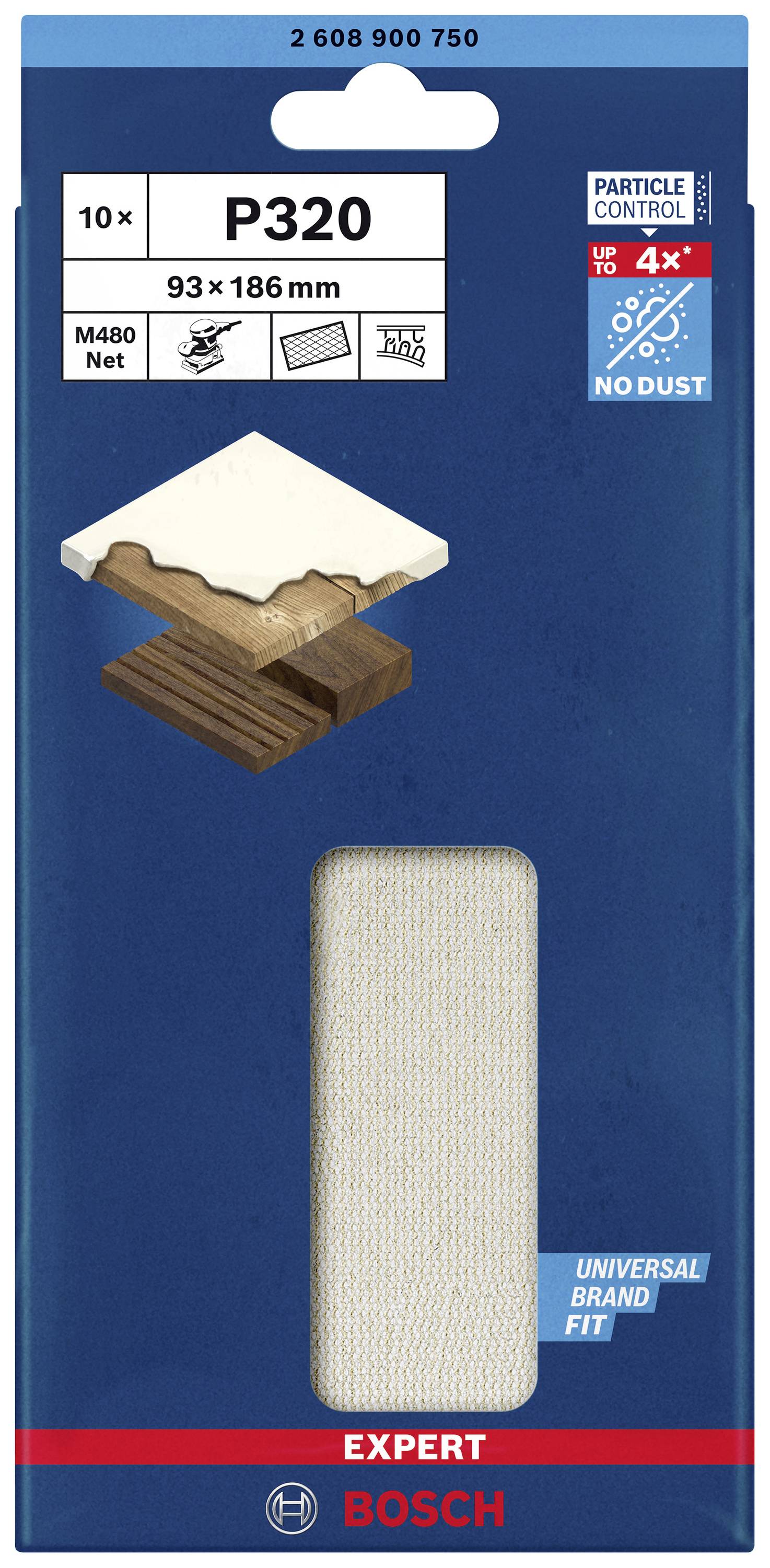 Brúsny papier Bosch P320, 93x186mm, 10 kusov, na drevo a lak, kontrola prachu, s nápisom 'Bez prachu' a 'Univerzálne použitie' na obale.