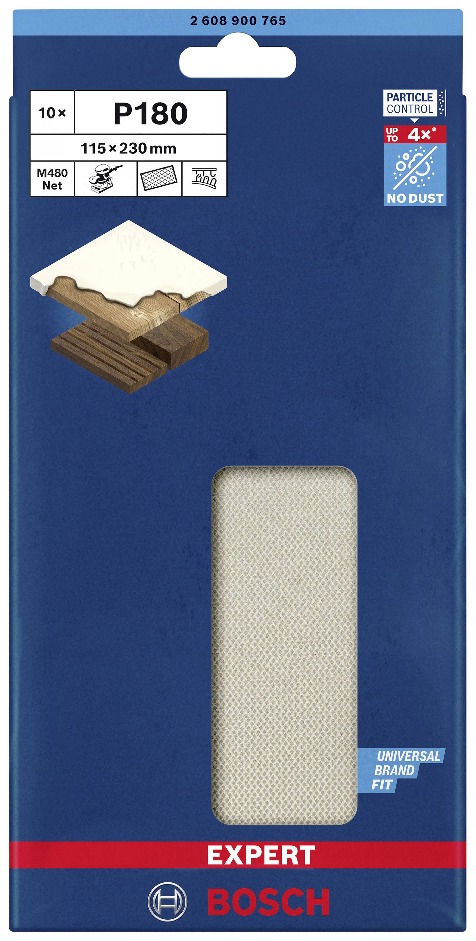 Brúsny papier Bosch, zrnitosť P180, balenie po 10 ks, 115 x 230 mm, vhodný na drevo. Produktové balenie s obrázkom papiera.
