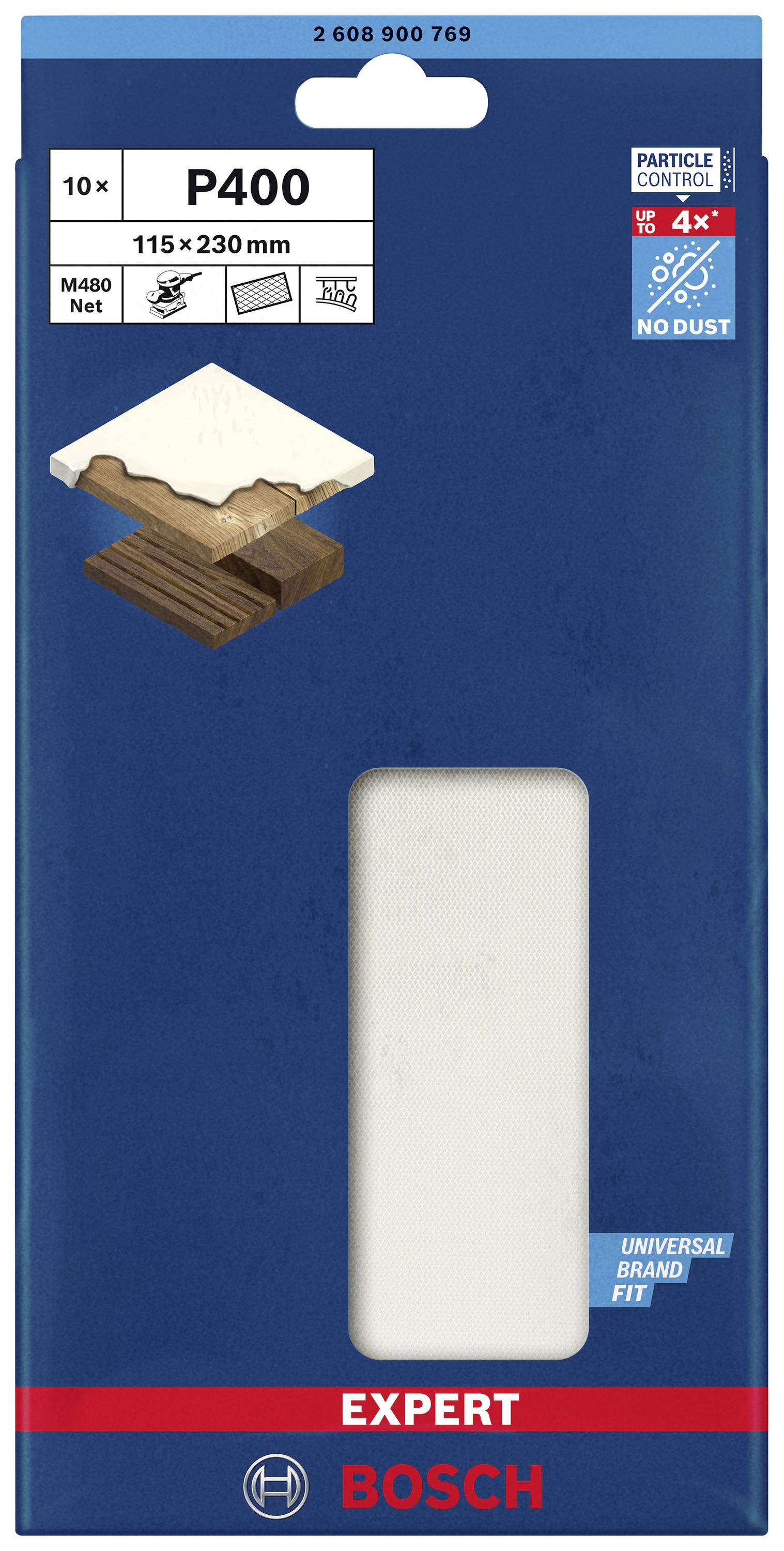 Brúsny papier v balení, Bosch Expert, P400, 115x230 mm, 10 kusov. Vhodný na drevo, s obrázkom brúsneho papiera a drevného trámu.