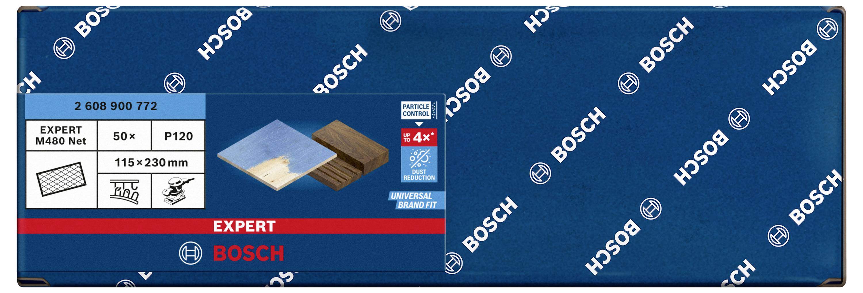 Balenie brúsneho papiera Bosch, typ Expert, rozmery 115x230 mm, 4 kusy, vhodné pre drevo a kov.