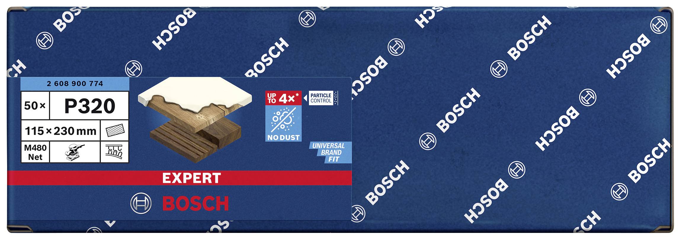 Balenie brúsnych listov Bosch Expert, zrnitosť P320, 50 kusov, rozmer 115x230 mm, na drevo, s technológiou 'No Dust'.