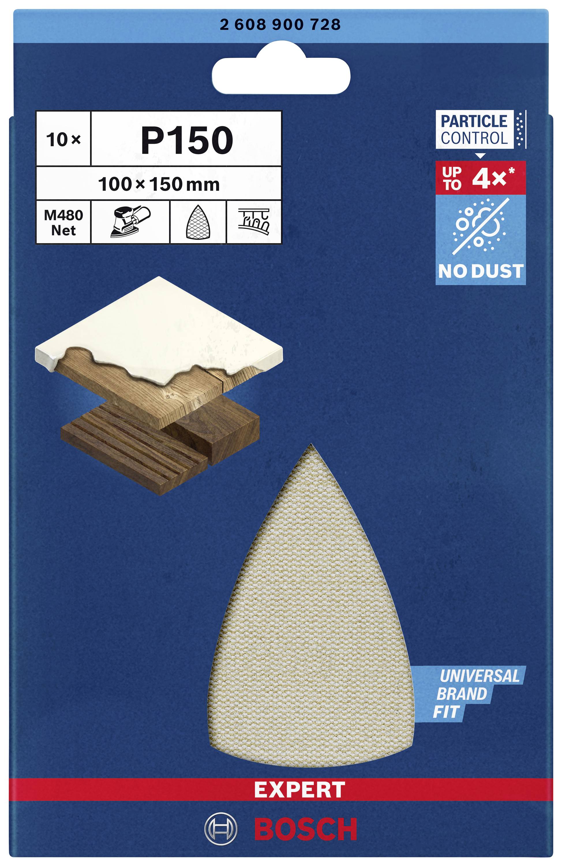 Balenie brúsneho papiera Bosch, 10 kusov, P150, rozmer 100 x 150 mm, znižuje prašnosť, univerzálne použiteľné pre rôzne značky.