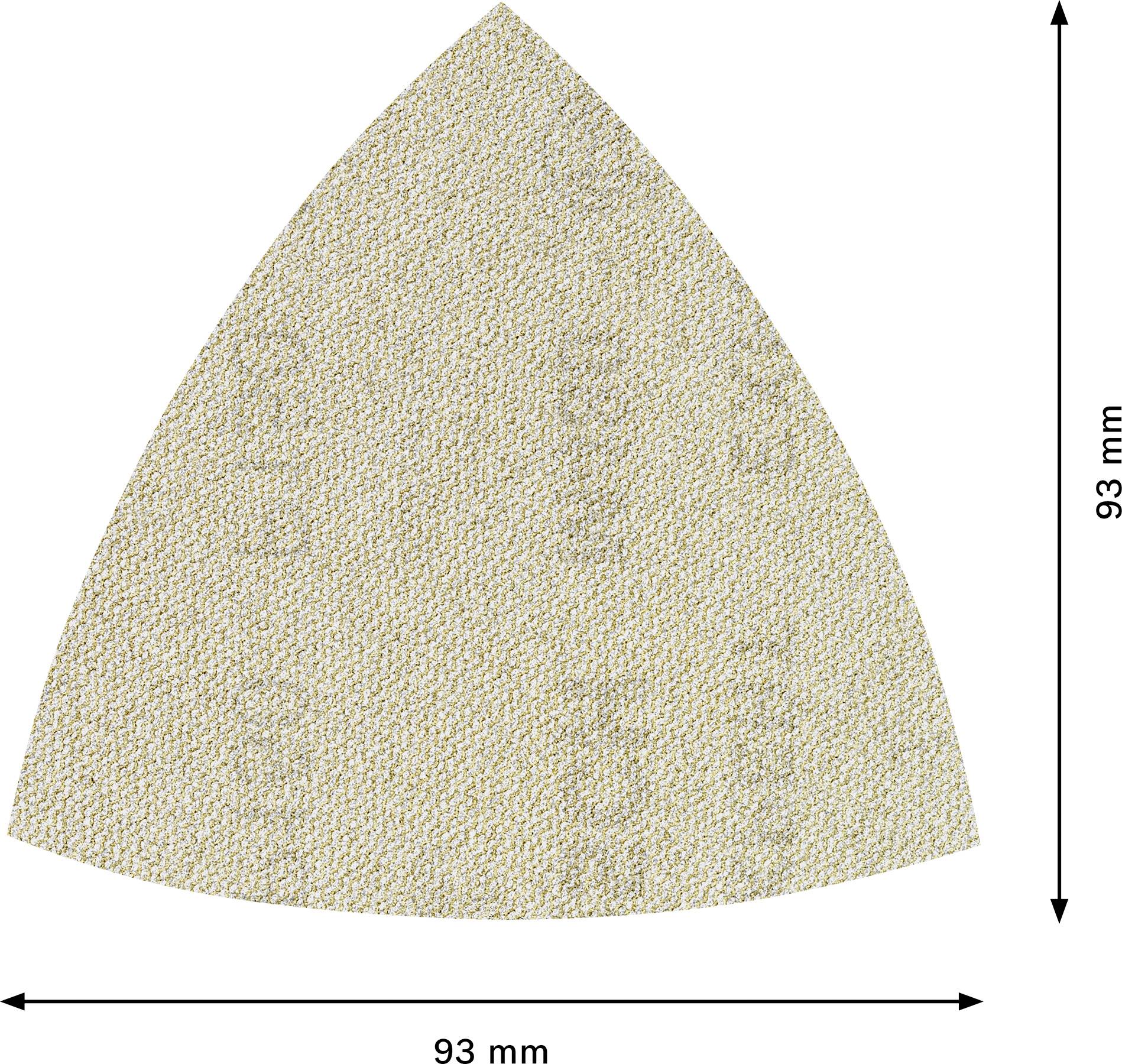 Trojuholníkový brúsny papier, rovnoramenný, 93 mm x 93 mm x 93 mm, béžovej farby, používaný na brúsne práce.