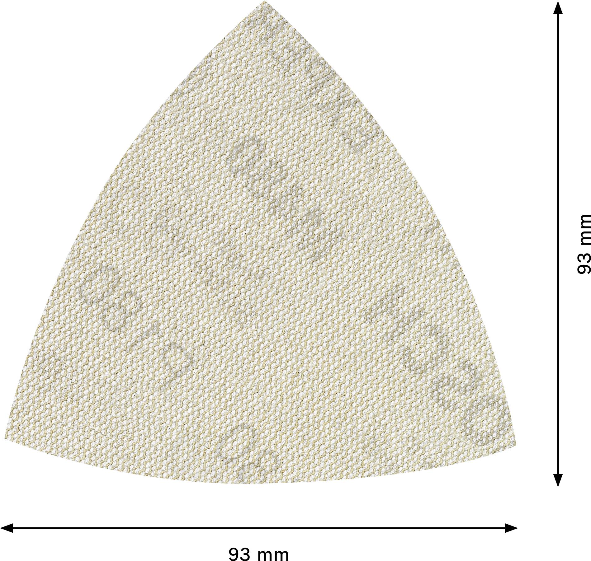 Trojuholníkový dielenský kus brúsneho papiera s rozmermi 93 mm x 93 mm, béžovej farby, s rovnomerne rozloženou štruktúrou povrchu.