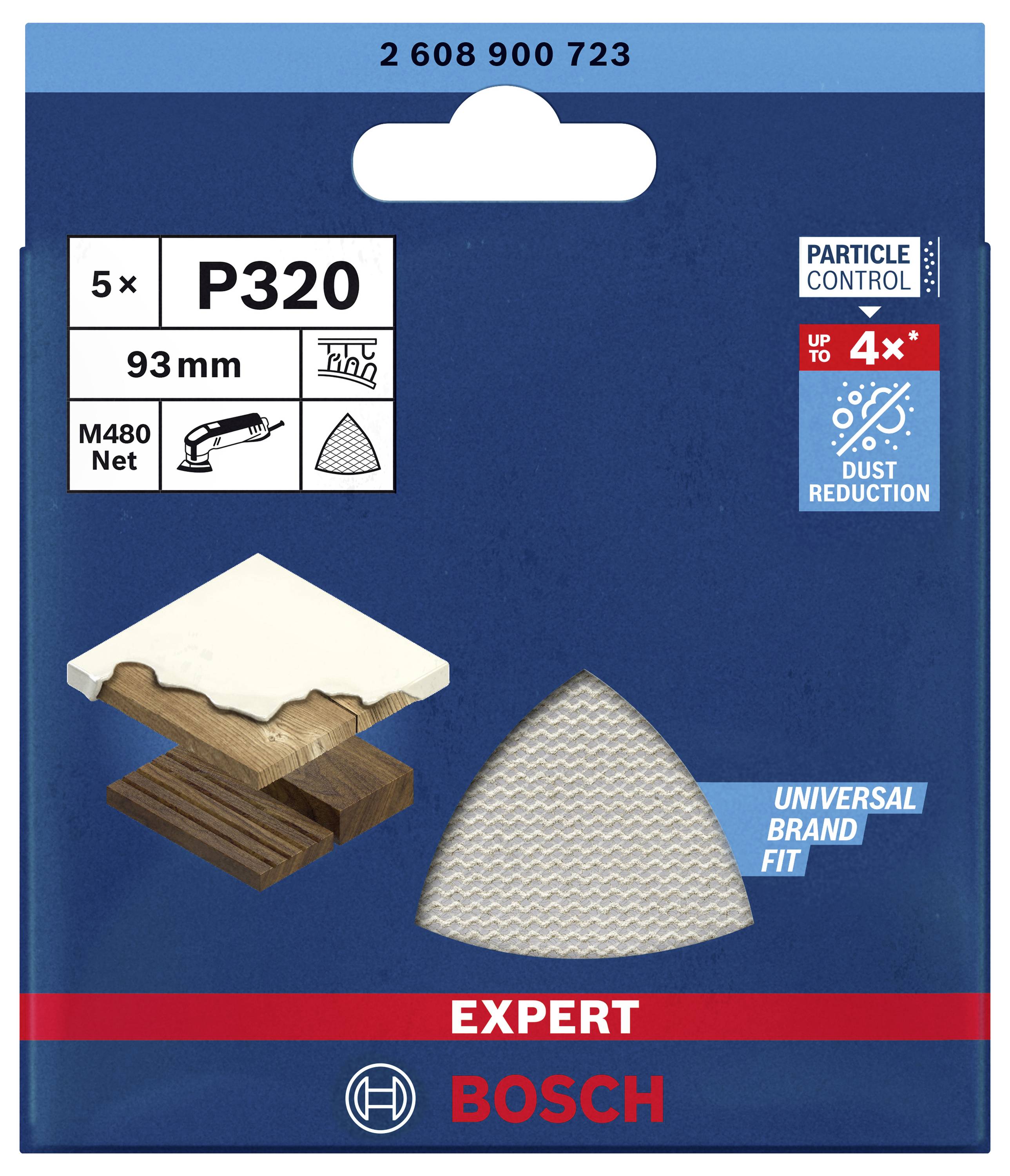 Obal brúsneho papiera Bosch Expert P320 pre delta brúsku, zobrazujúci produkt a jeho použitie na drevených povrchoch.