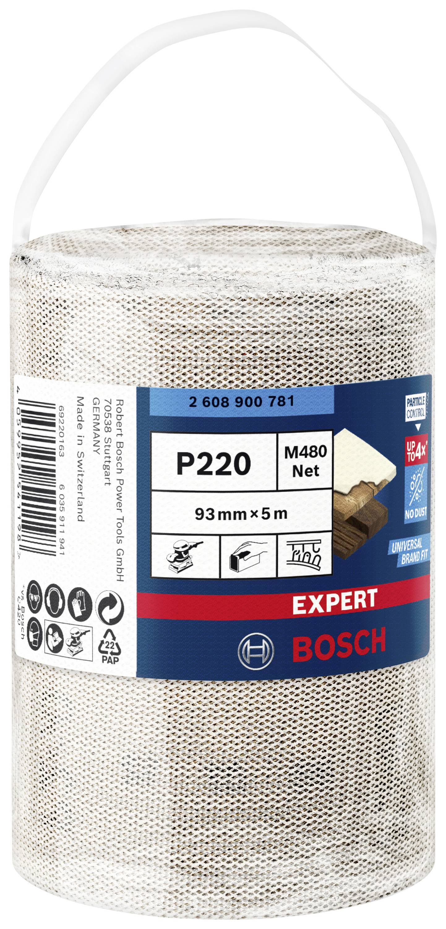 Brúsna sieťová rolka Bosch, expertná kvalita, zrnitosť P220, 93 mm x 5 m. Vhodná pre spracovanie dreva, obrázok zobrazuje produktové balenie.