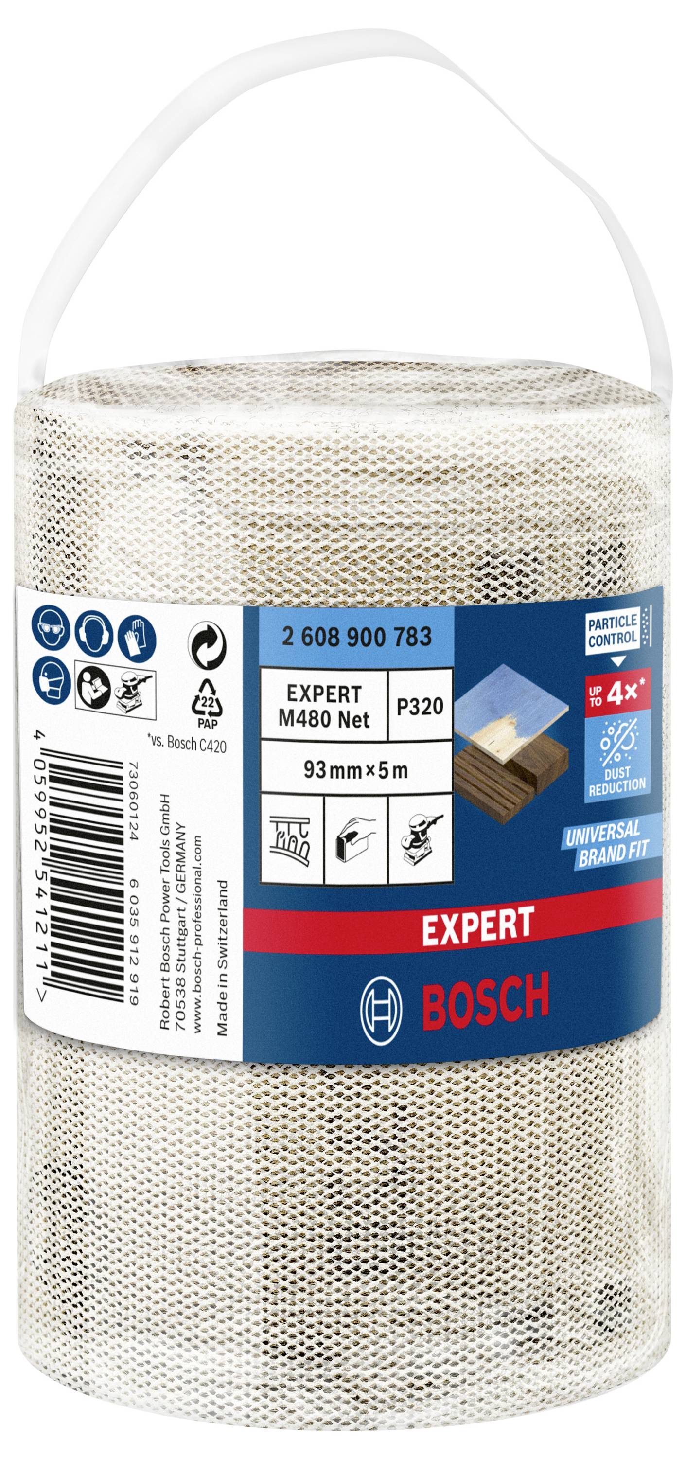 Kotúč brúsnej mriežky Bosch P320, 93 mm x 5 m, v plastovom obale s rukoväťou, vhodný pre rôzne materiály.