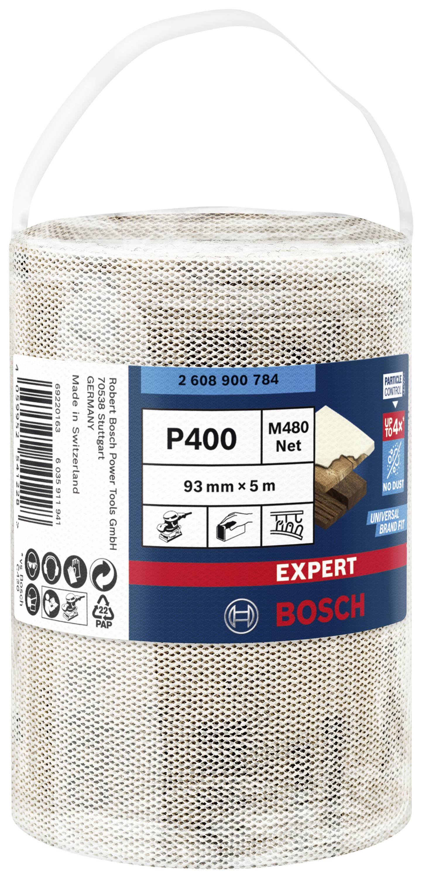 Brúsna sieťová rolka Bosch, Expert P400 M480, vhodná na brúsenie dreva, 93 mm x 5 m, balenie vyobrazené.