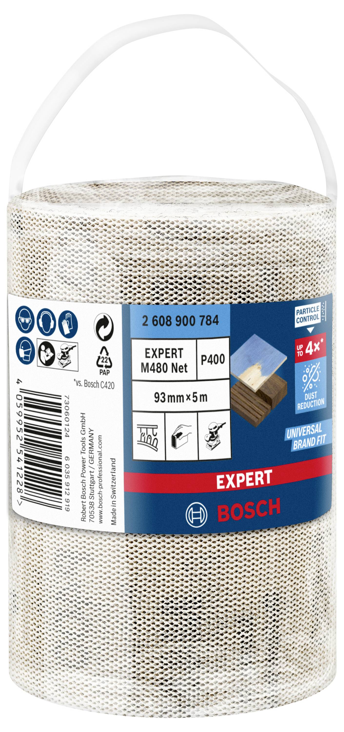 'Bosch Brúsna sieťová rolka Expert M480' s rozmermi 93 mm x 5 m a zrnitosťou P400. Obal zobrazuje možnosti použitia.