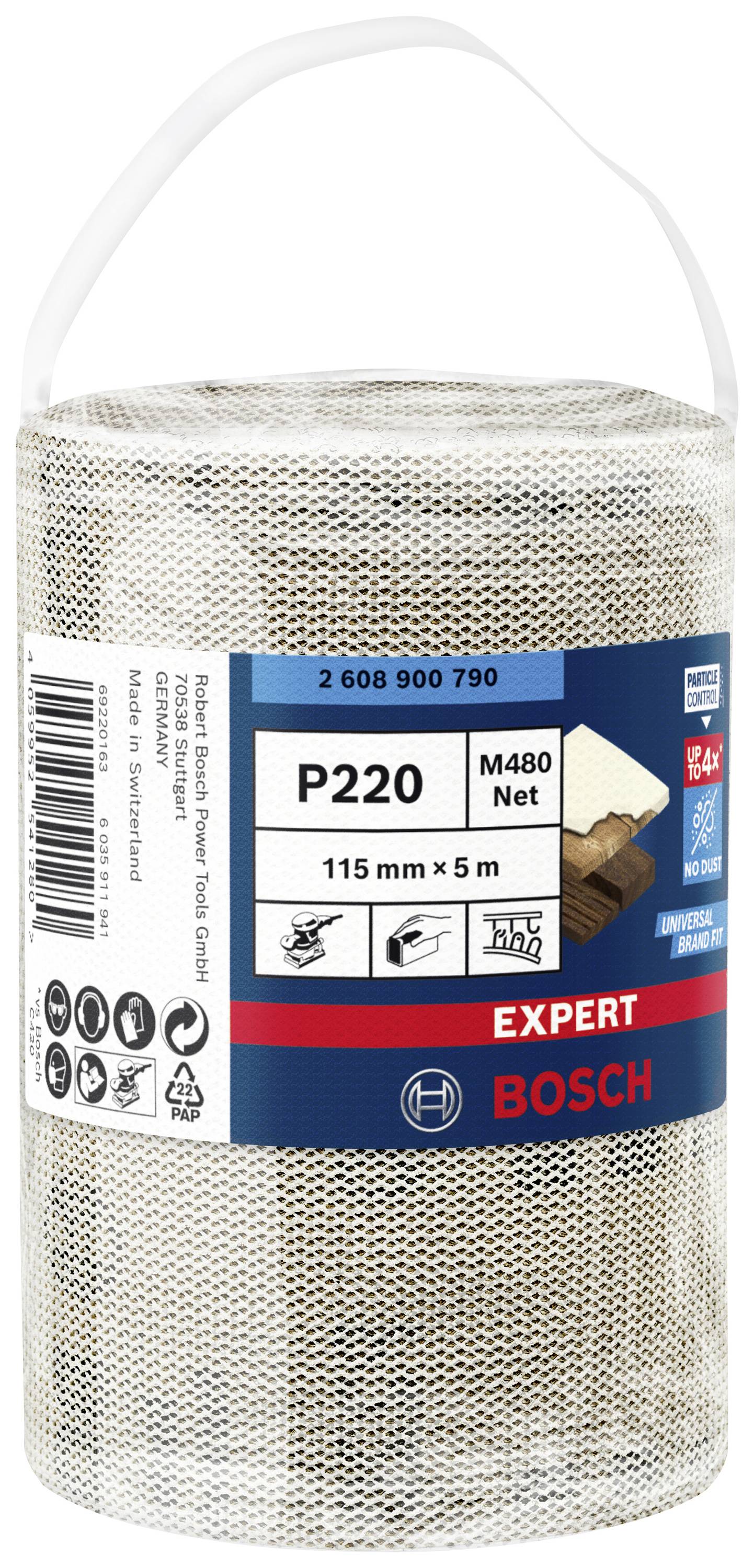 'Bosch Brúsna sieťová rolka P220, 115 mm x 5 m, Expert séria pre hladké povrchy.' Produktový štítok zobrazuje rozmery a značku.