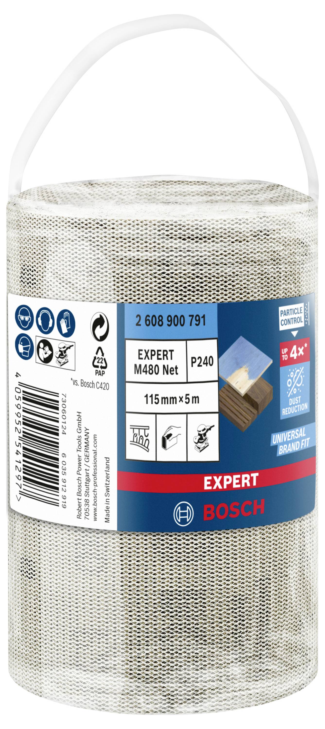 Brúsna sieťová rolka Bosch 'Expert M480' s rozmermi 115 mm x 5 m a zrnitosťou P240. Pre univerzálne použitie a 4-krát dlhšiu životnosť.